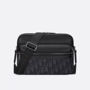 Small Dior Rider 2.0 Zipped Messenger Bag In Grained Calfskin and Oblique Motif Canvas Black