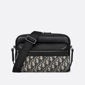 Small Dior Rider 2.0 Zipped Messenger Bag In Grained Calfskin and Oblique Motif Canvas Black/Blue