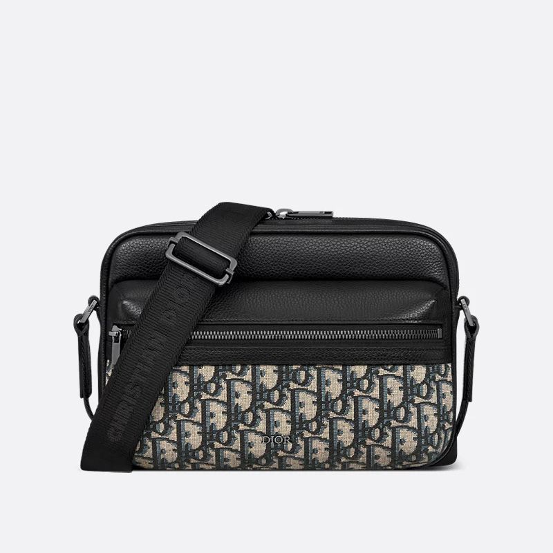 Small Dior Rider 2.0 Zipped Messenger Bag In Grained Calfskin and Oblique Motif Canvas Black/Blue