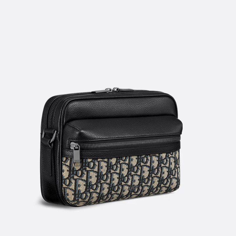 Small Dior Rider 2.0 Zipped Messenger Bag In Grained Calfskin and Oblique Motif Canvas Black/Blue - Image 3