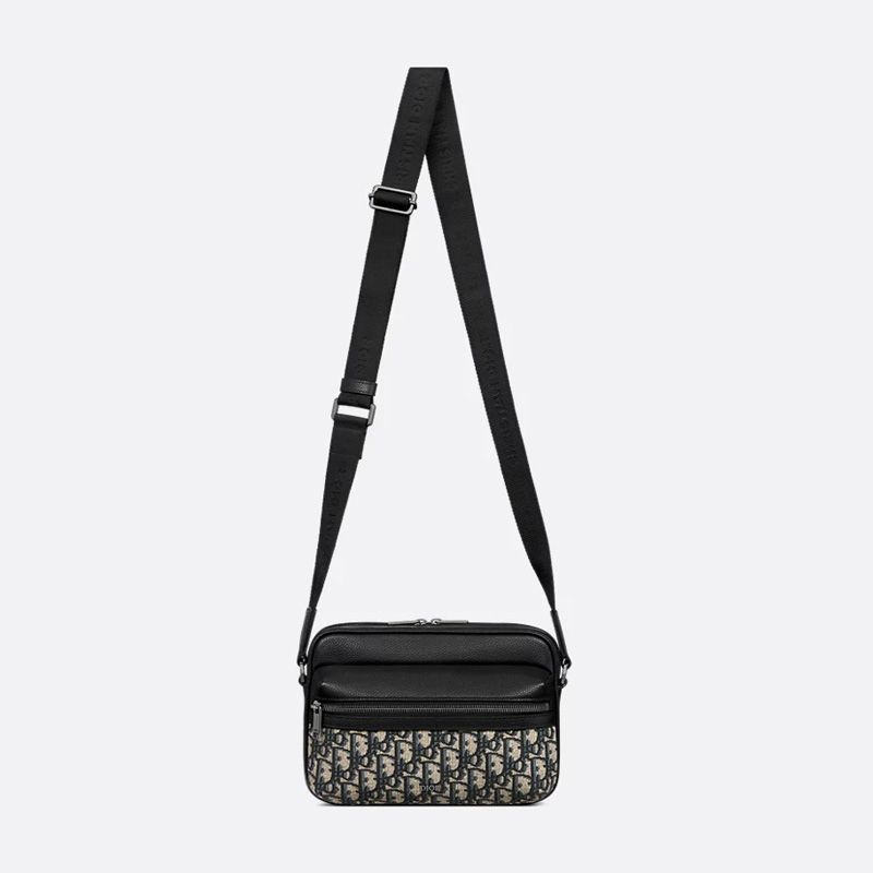 Small Dior Rider 2.0 Zipped Messenger Bag In Grained Calfskin and Oblique Motif Canvas Black/Blue - Image 5