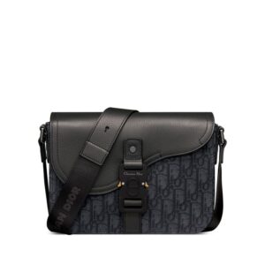 Small Dior Saddle Flap Messenger In Oblique Motif Canvas and Grained Calfskin Black