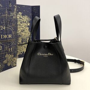 Small Dior Signature Bucket Bag In Grained Calfskin Black