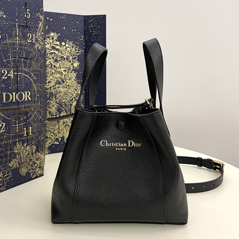 Small Dior Signature Bucket Bag In Grained Calfskin Black