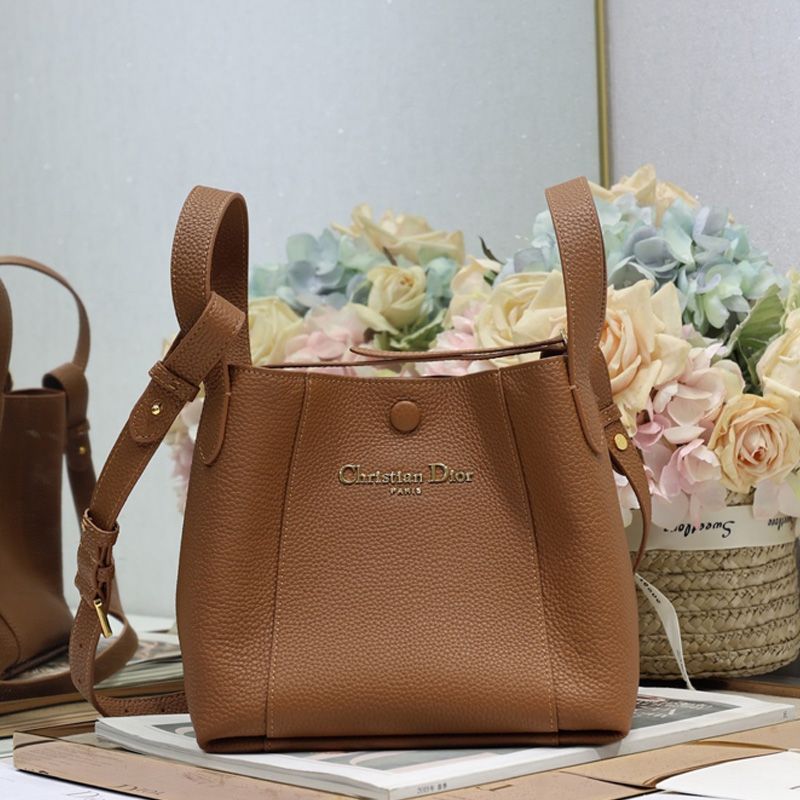 Small Dior Signature Bucket Bag In Grained Calfskin Brown