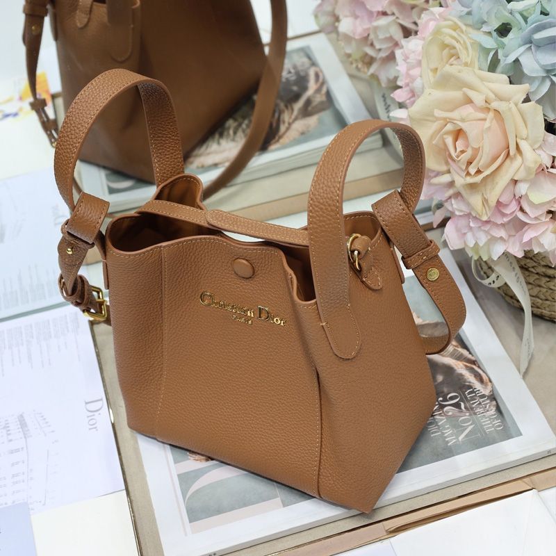 Small Dior Signature Bucket Bag In Grained Calfskin Brown - Image 3