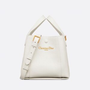 Small Dior Signature Bucket Bag In Grained Calfskin White