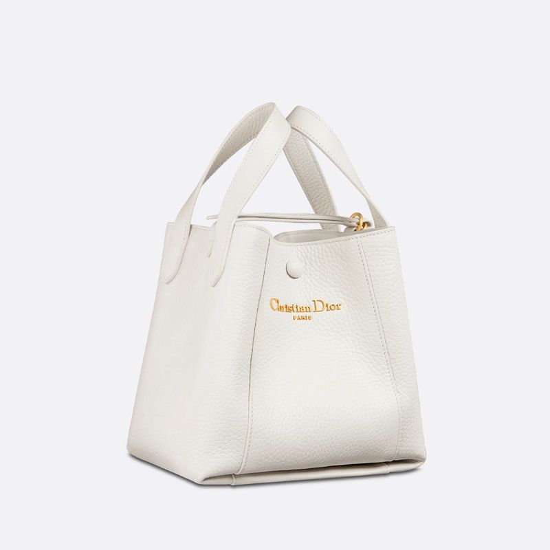 Small Dior Signature Bucket Bag In Grained Calfskin White - Image 3