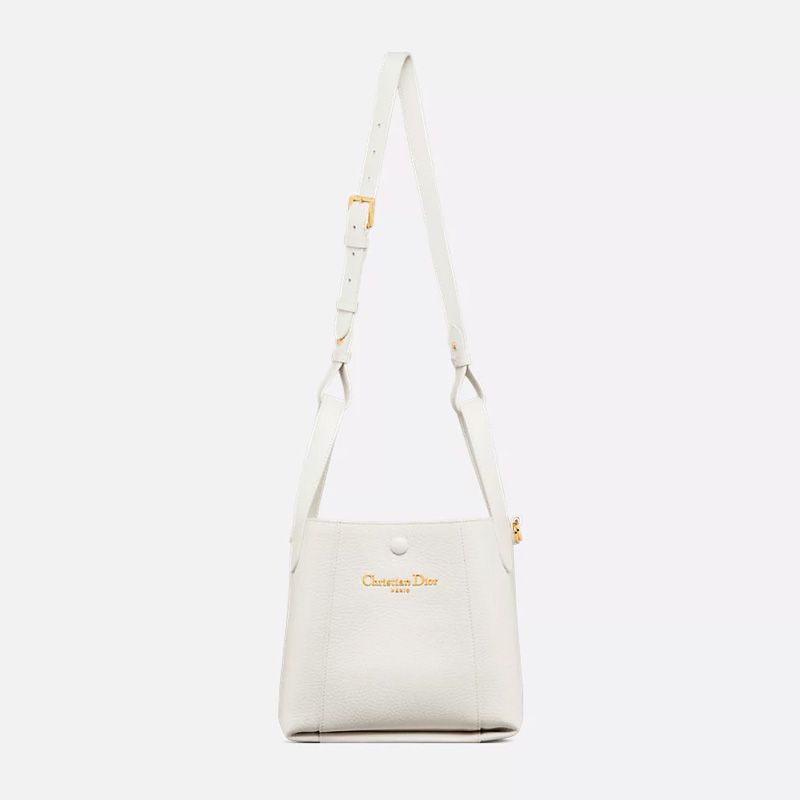 Small Dior Signature Bucket Bag In Grained Calfskin White - Image 5