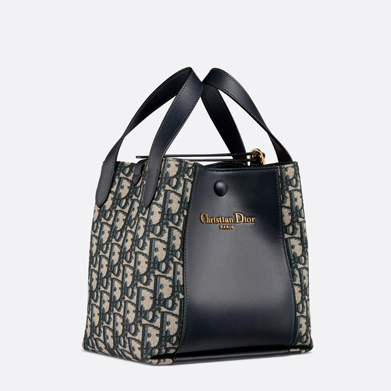 Small Dior Signature Bucket Bag In Oblique Motif Canvas and Smooth Calfskin Blue - Image 2