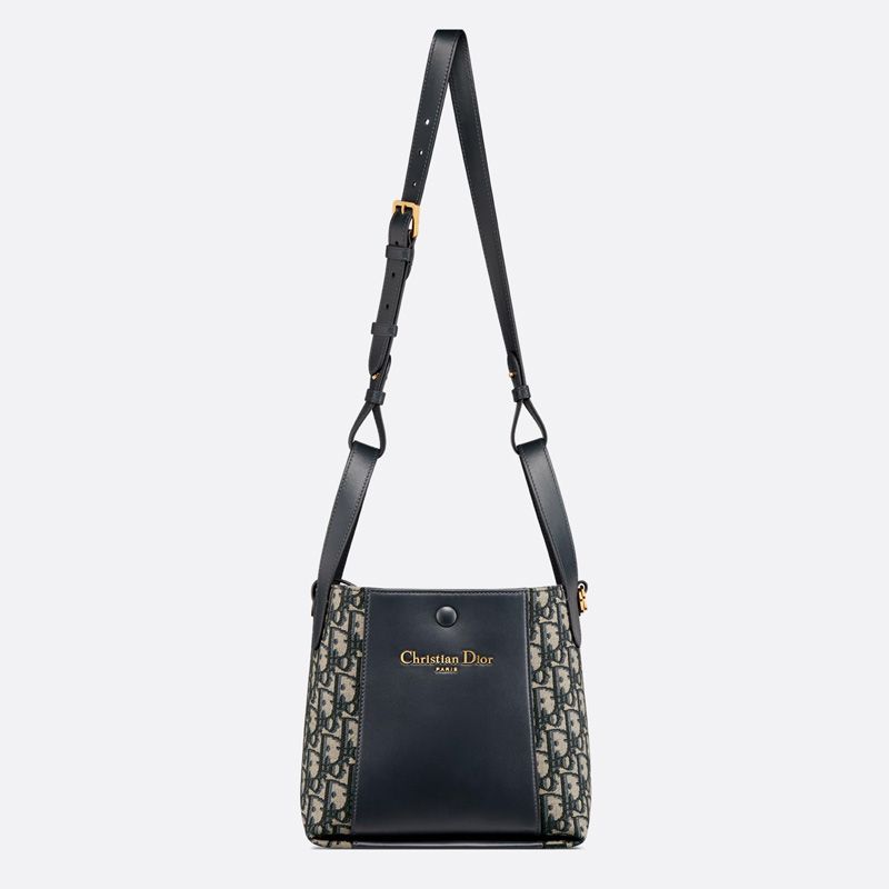 Small Dior Signature Bucket Bag In Oblique Motif Canvas and Smooth Calfskin Blue - Image 5